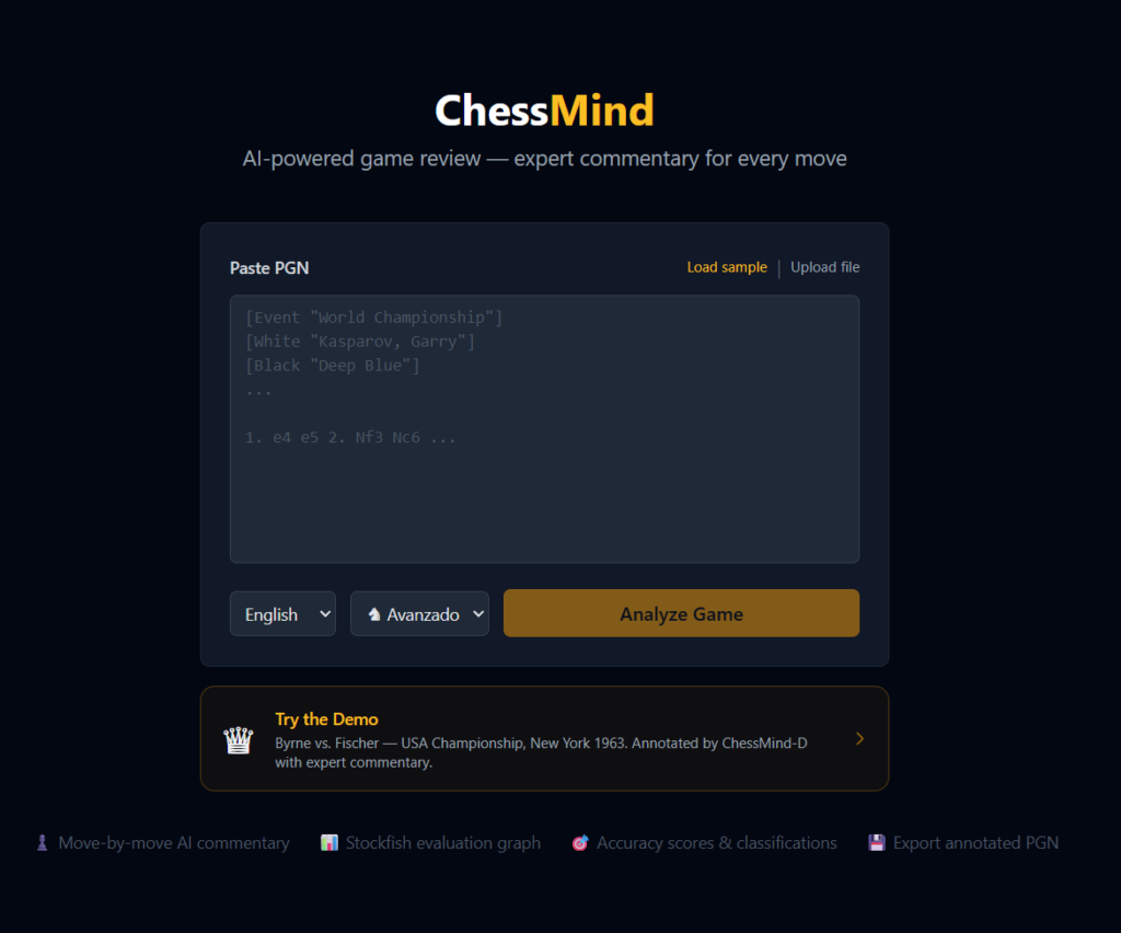 Pantalla principal de ChessMind con el formulario de entrada PGN
