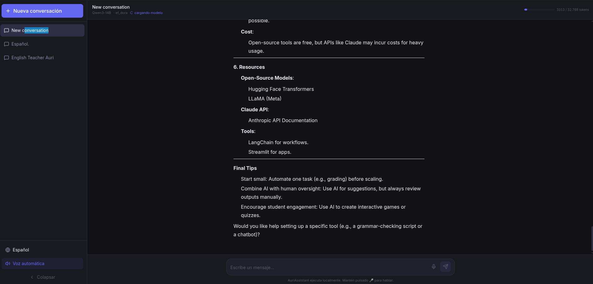 AuriAssistant chat interface